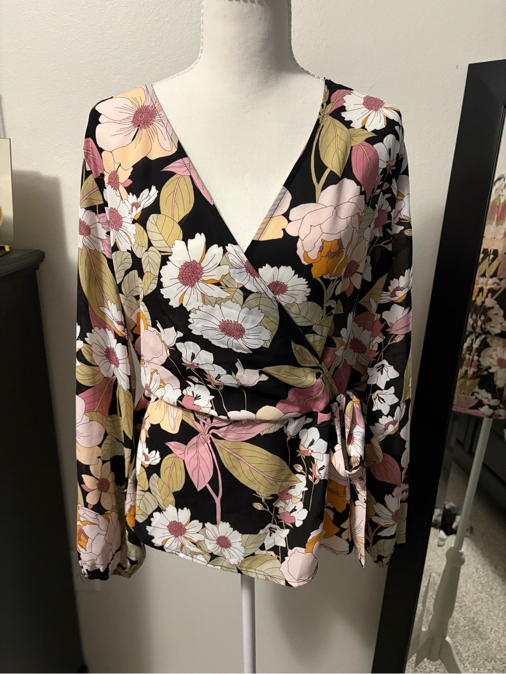 Pleione Black Floral Wrap Blouse with Pink & Cream Accents